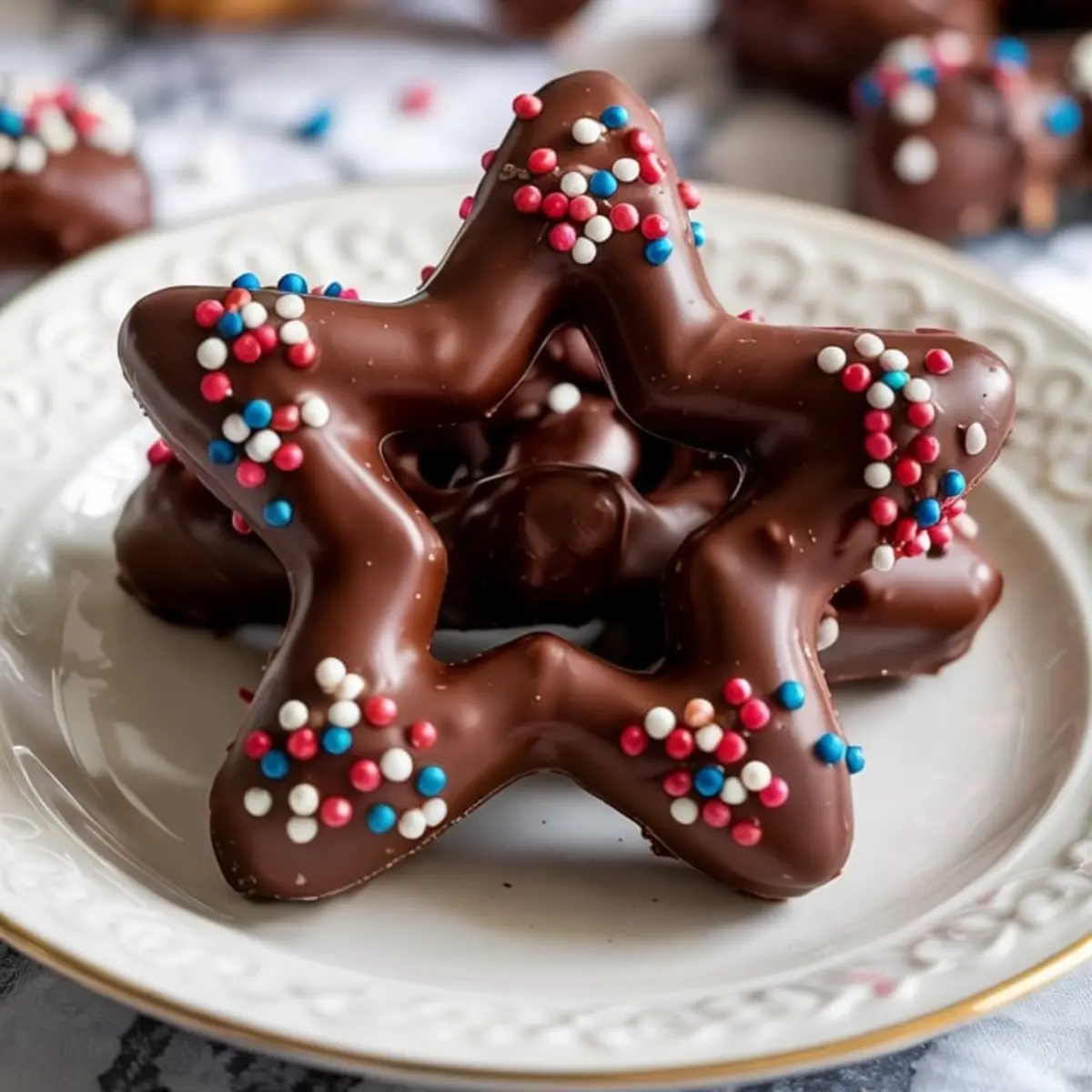 Fully chocolate-coated star pretzels sprinkled with red, white, and blue nonpareils, stacked on a white decorative plate for a festive Fourth of July dessert.
