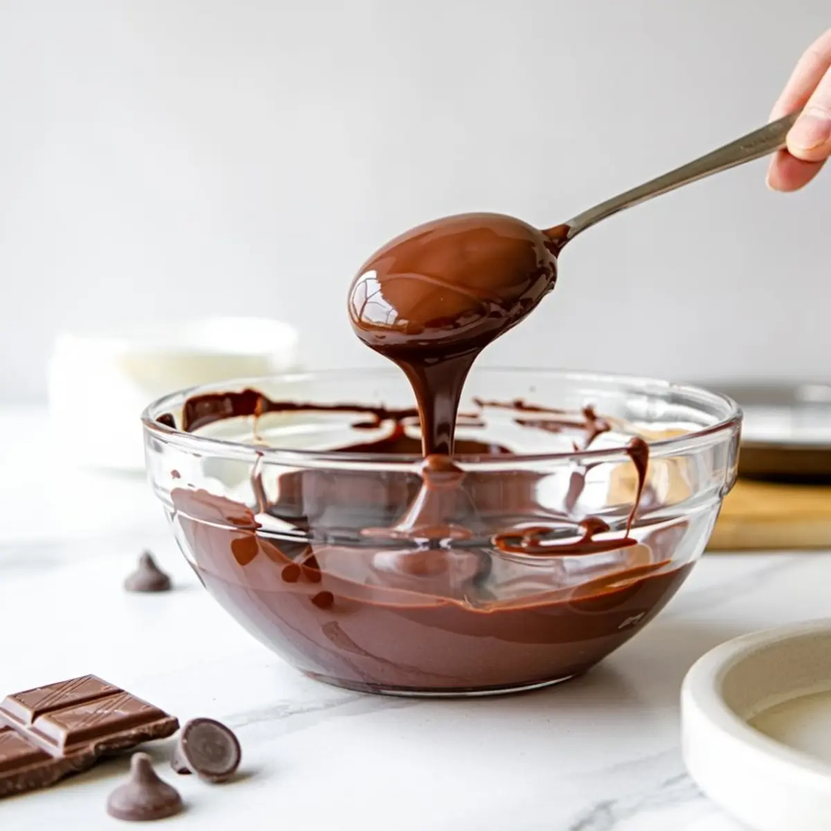 Melted milk chocolate being scooped from a clear glass bowl with a spoon, surrounded by chocolate chips and chocolate squares on a white marble surface for dessert preparation.
