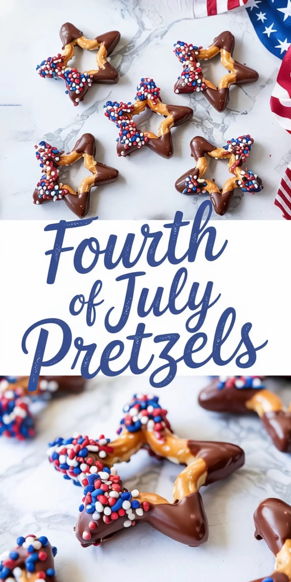 Patriotic star-shaped pretzels half-dipped in chocolate and covered with red, white, and blue sprinkles, arranged on a marble background with American flag fabric accent.

