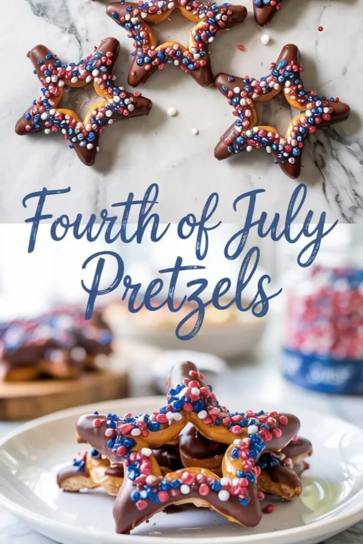 Star-shaped Fourth of July pretzels dipped in rich chocolate and decorated with red, white, and blue sprinkles, displayed on a marble surface and stacked on a white plate for festive patriotic treats.