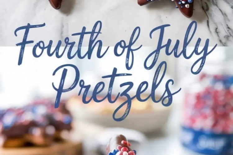 Star-shaped Fourth of July pretzels dipped in rich chocolate and decorated with red, white, and blue sprinkles, displayed on a marble surface and stacked on a white plate for festive patriotic treats.