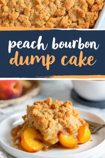 Collage image of peach bourbon dump cake featuring a golden-brown crust in a baking dish and a close-up of a serving on a white plate with caramelized peach slices and fluffy cake.