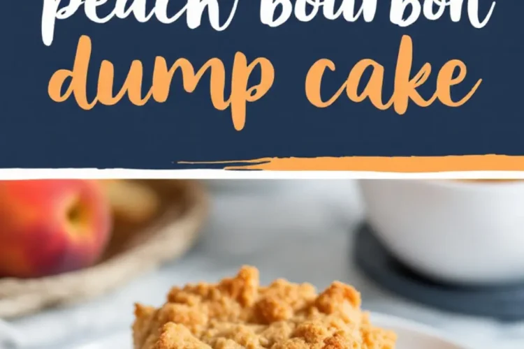 Collage image of peach bourbon dump cake featuring a golden-brown crust in a baking dish and a close-up of a serving on a white plate with caramelized peach slices and fluffy cake.
