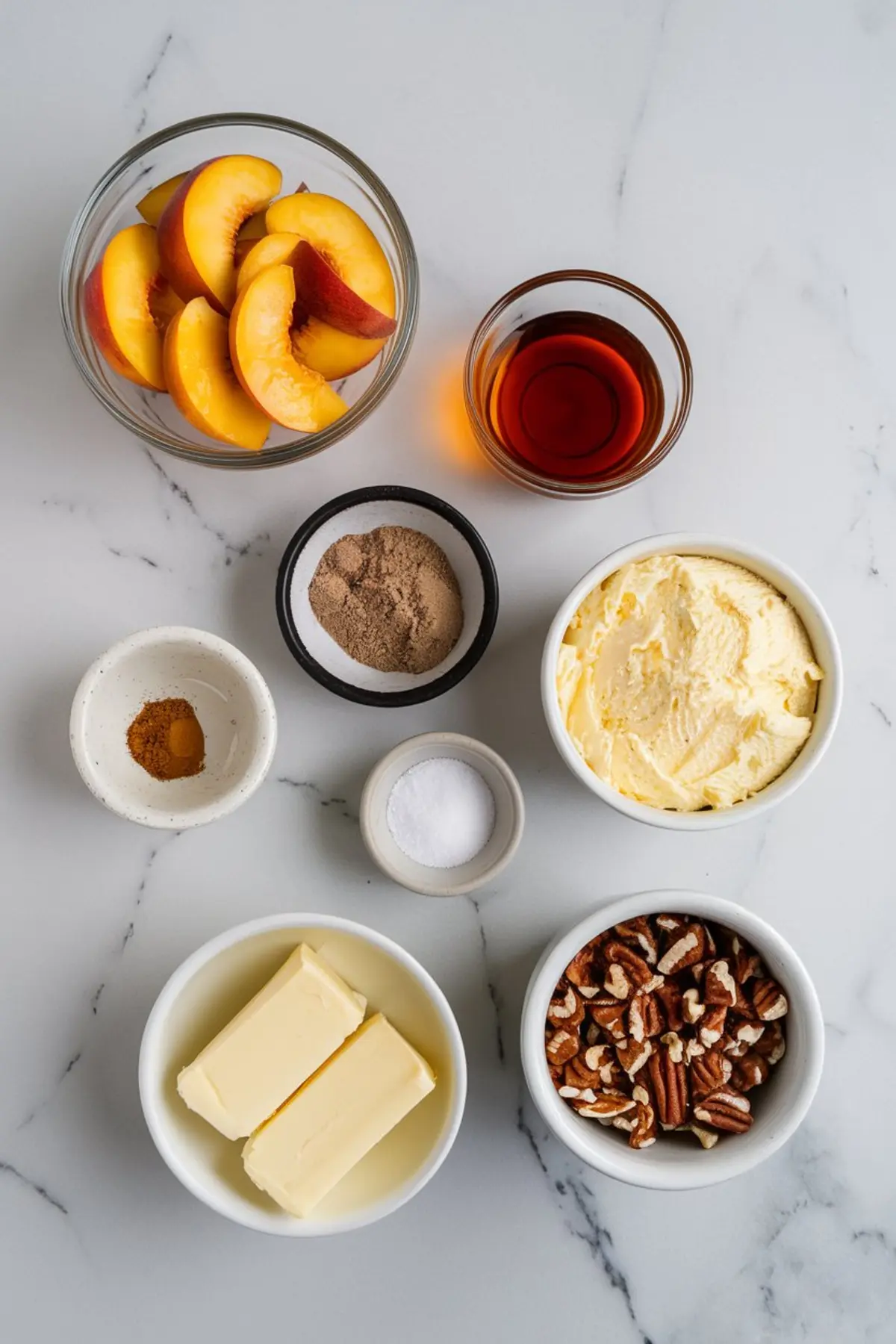 Flat lay of peach bourbon dump cake ingredients including sliced peaches, brown sugar, cinnamon, salt, butter, vanilla extract, pecans, and yellow cake mix, arranged on a white countertop.
