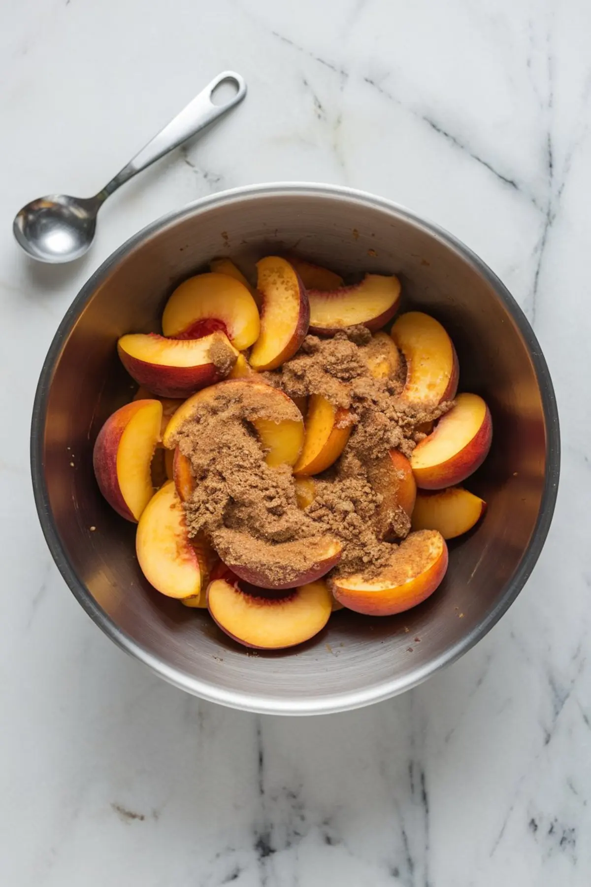 Overhead view of a metal mixing bowl filled with fresh peach slices coated in brown sugar, set on a white marble countertop beside a metal measuring spoon.