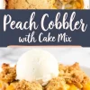 Top-down image of a peach cobbler made with cake mix in a white dish, partially scooped with a spoon revealing tender peach chunks, paired with a serving topped with vanilla ice cream on a white plate.