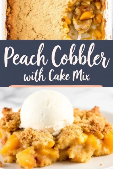 Top-down image of a peach cobbler made with cake mix in a white dish, partially scooped with a spoon revealing tender peach chunks, paired with a serving topped with vanilla ice cream on a white plate.