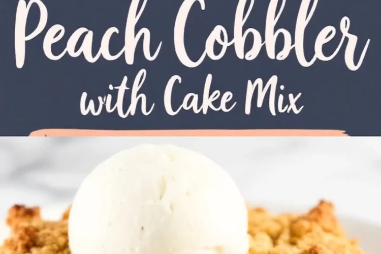 Top-down image of a peach cobbler made with cake mix in a white dish, partially scooped with a spoon revealing tender peach chunks, paired with a serving topped with vanilla ice cream on a white plate.