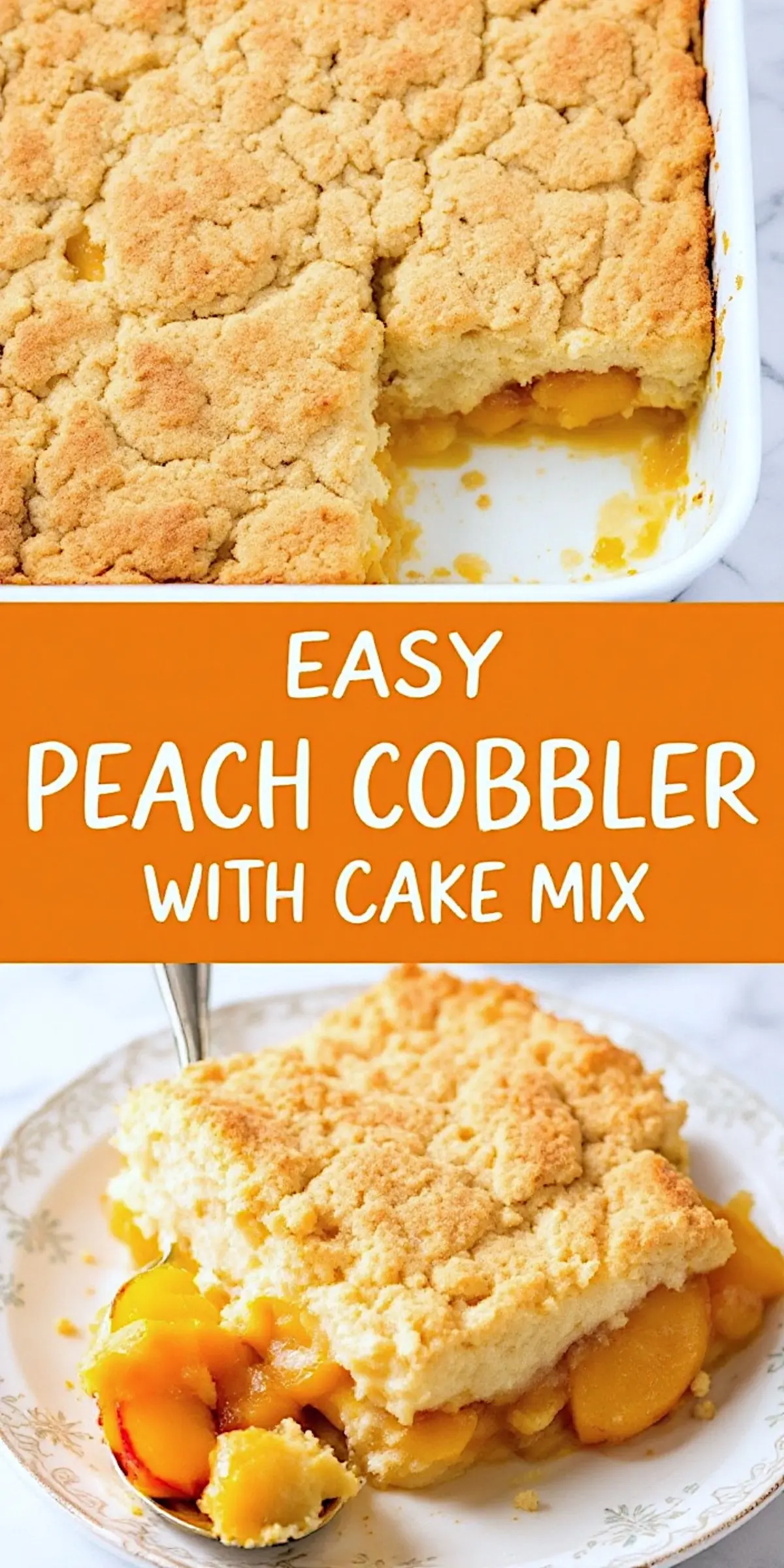 Overhead view of a peach cobbler baked with cake mix, showing a golden, crumbly topping in a white baking dish and a serving on a floral plate with juicy peach slices visible beneath the crust.