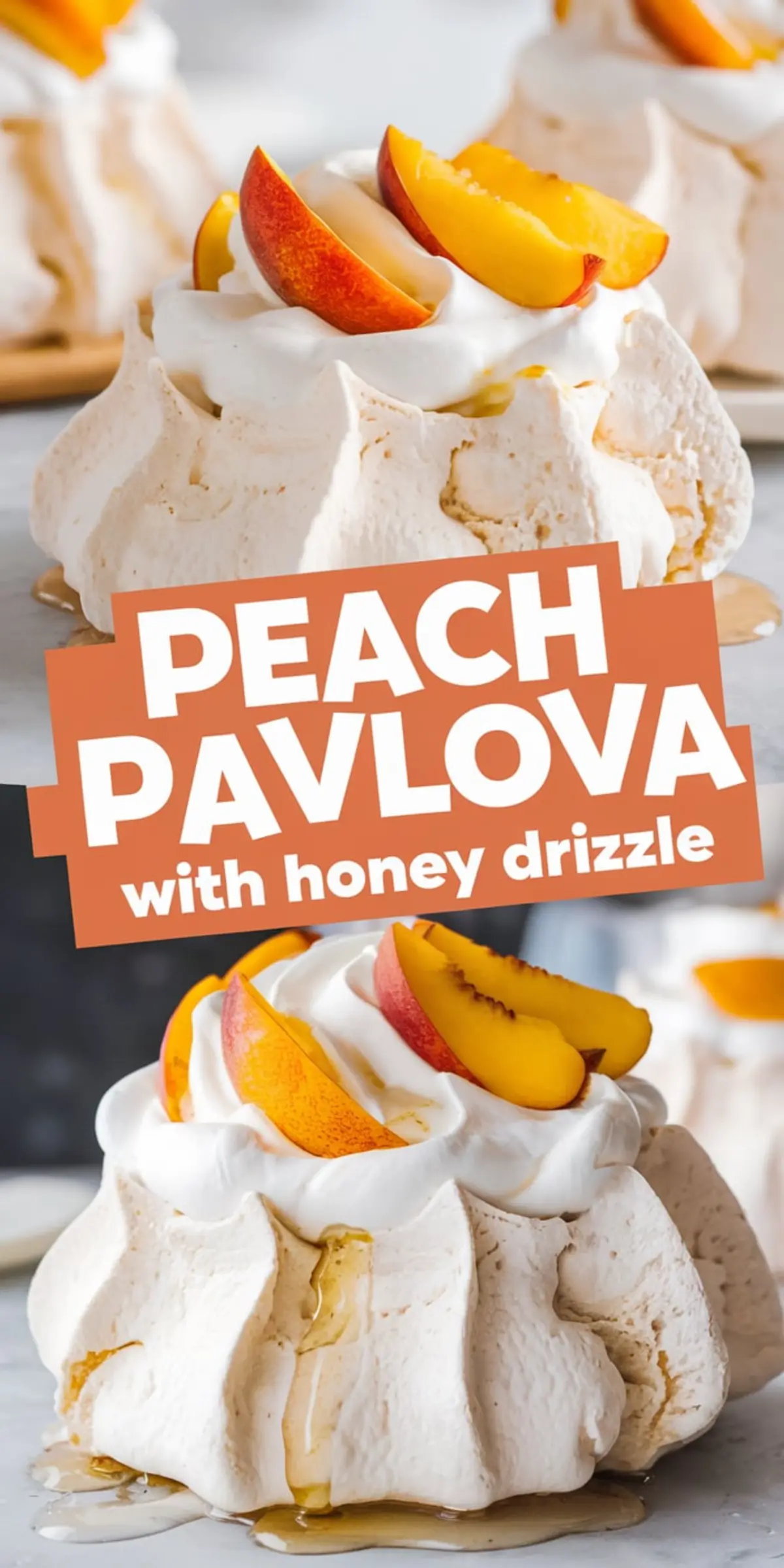 Mini peach pavlovas topped with whipped cream and fresh peach slices, drizzled with golden honey. Light meringue dessert served on a white background with a close-up and top view layout.