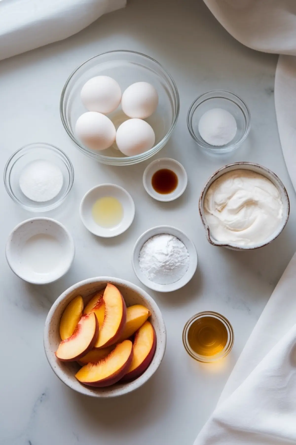 Flat lay of peach pavlova ingredients on a white surface, including eggs, sugar, cornstarch, vanilla, vinegar, cream, peaches, and honey in small bowls.