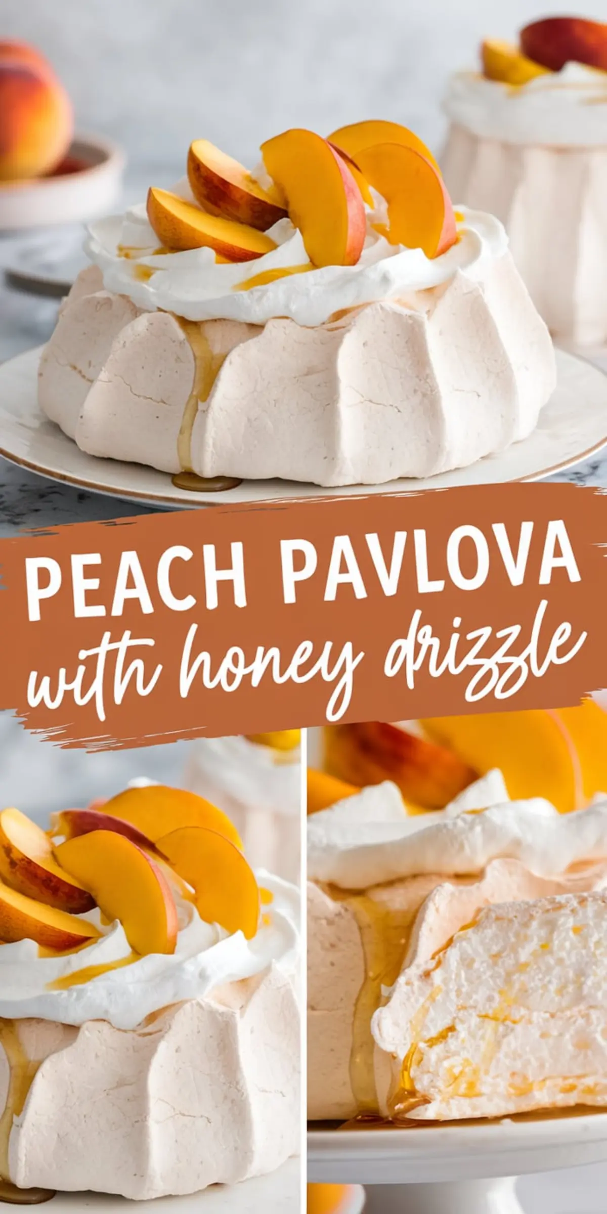 Large peach pavlova cake topped with whipped cream, fresh peach wedges, and honey drizzle. Presented with a whole pavlova, angled slice, and close-up detail for visual variation.