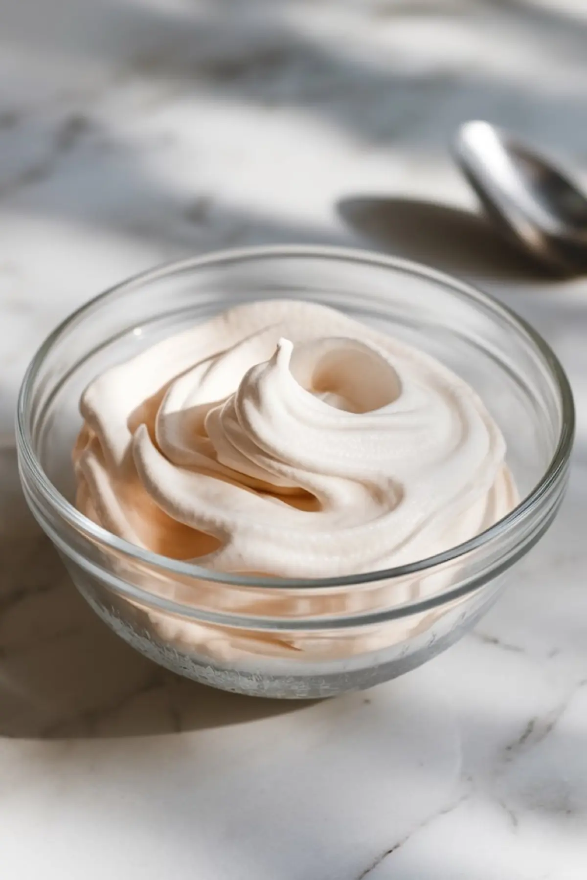 Glass bowl filled with freshly whipped meringue, ready for baking into pavlova. The mixture has a glossy, stiff peak texture under natural light.
