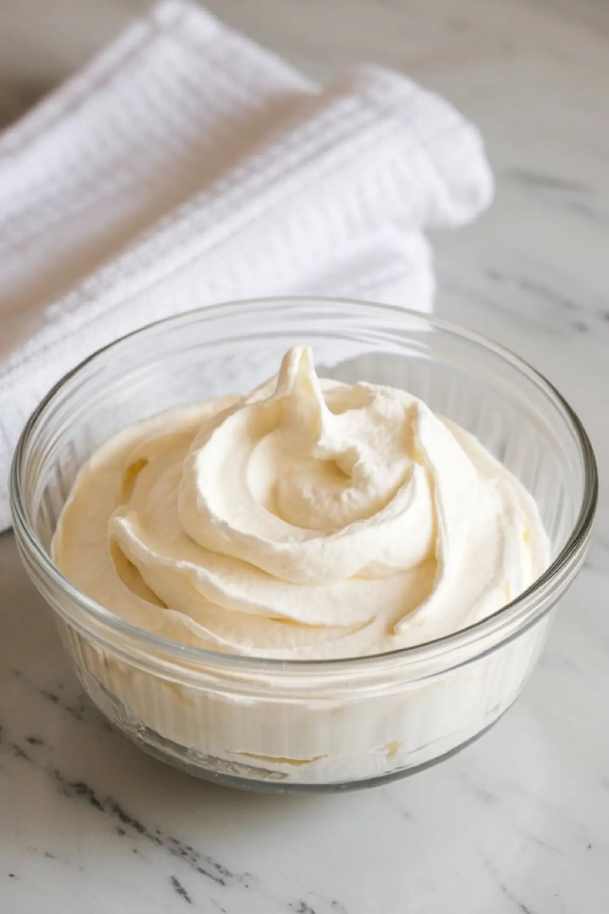 Whipped cream in a glass bowl with soft peaks and smooth texture, placed on a marble countertop with a folded kitchen towel nearby.