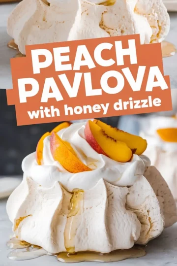 Mini peach pavlovas with whipped cream and sliced peaches, topped with honey drizzle. Crisp meringue shells styled on a white background in a collage format.