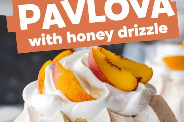 Mini peach pavlovas with whipped cream and sliced peaches, topped with honey drizzle. Crisp meringue shells styled on a white background in a collage format.