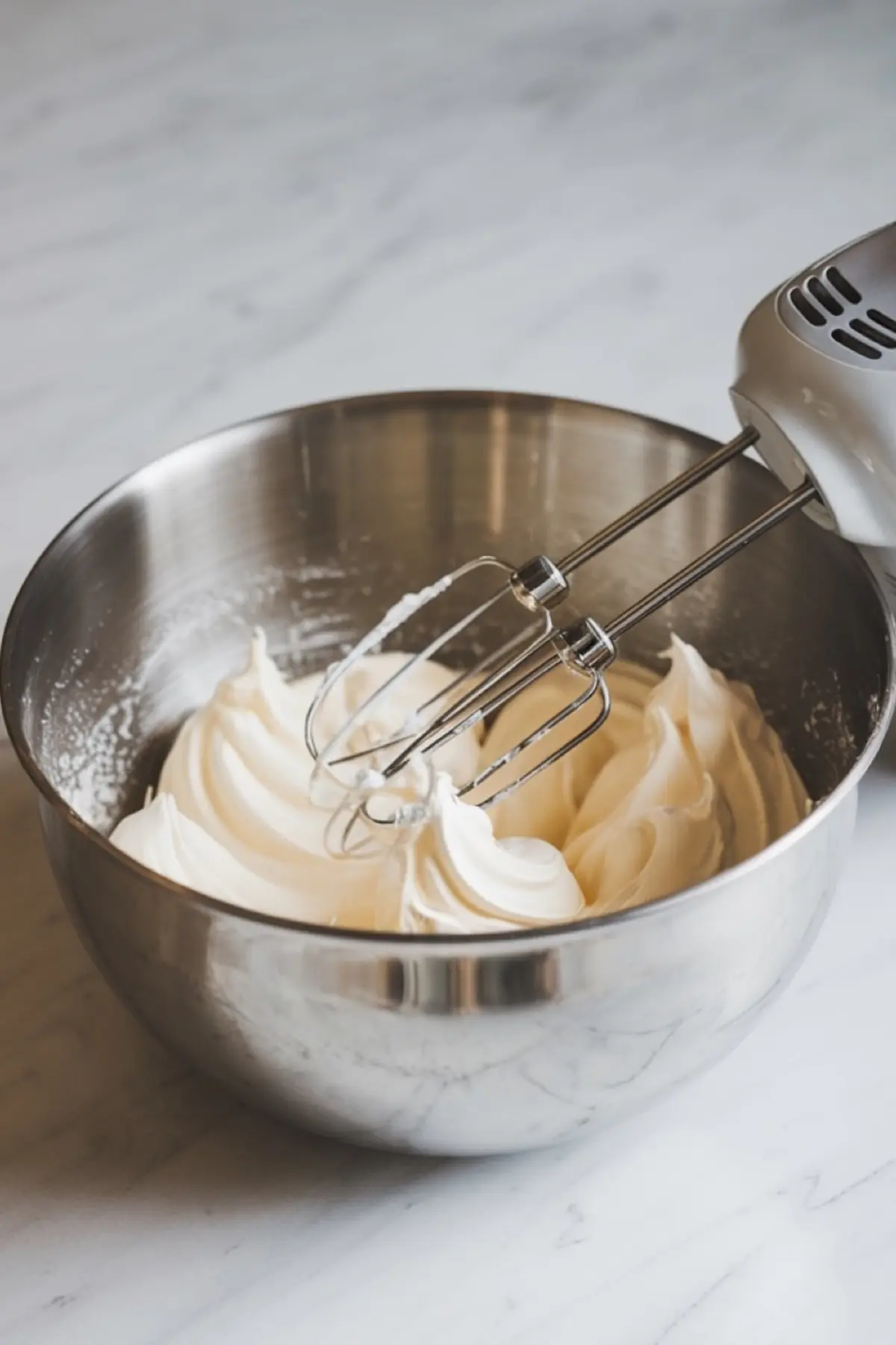 Metal mixing bowl with freshly whipped meringue and electric beaters resting inside. Meringue has stiff peaks and glossy texture, ideal for pavlova preparation.