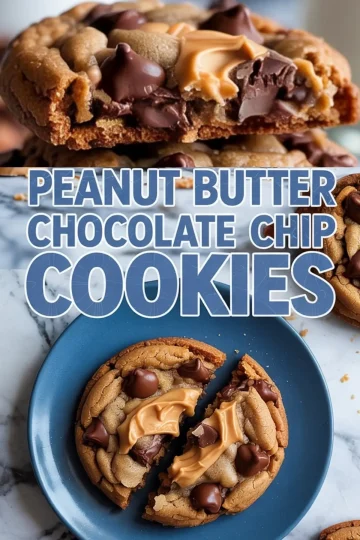 Close-up collage of thick peanut butter chocolate chip cookies, featuring gooey melted chocolate chips and creamy peanut butter swirls, with one cookie broken in half on a blue plate and another cookie shown in a detailed texture shot. Bold text overlay reads “Peanut Butter Chocolate Chip Cookies,” perfect for baking and dessert inspiration.