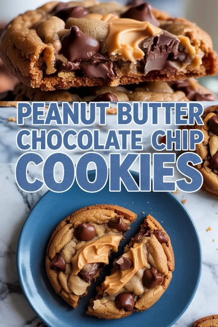 Close-up collage of thick peanut butter chocolate chip cookies, featuring gooey melted chocolate chips and creamy peanut butter swirls, with one cookie broken in half on a blue plate and another cookie shown in a detailed texture shot. Bold text overlay reads “Peanut Butter Chocolate Chip Cookies,” perfect for baking and dessert inspiration.