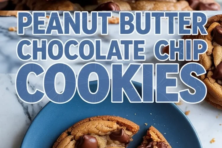 Close-up collage of thick peanut butter chocolate chip cookies, featuring gooey melted chocolate chips and creamy peanut butter swirls, with one cookie broken in half on a blue plate and another cookie shown in a detailed texture shot. Bold text overlay reads “Peanut Butter Chocolate Chip Cookies,” perfect for baking and dessert inspiration.