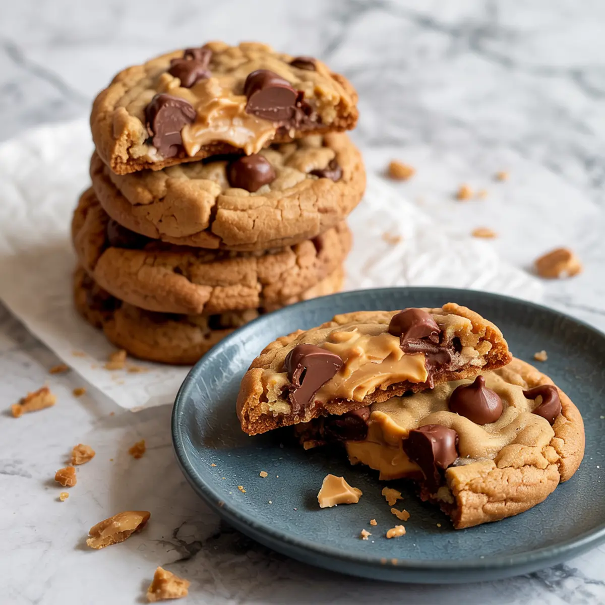 Stack of thick peanut butter chocolate chip cookies on parchment paper, with a halved cookie on a gray plate in the foreground showing melted chocolate and smooth peanut butter center. Crumbs scattered on marble surface create a cozy baking vibe.