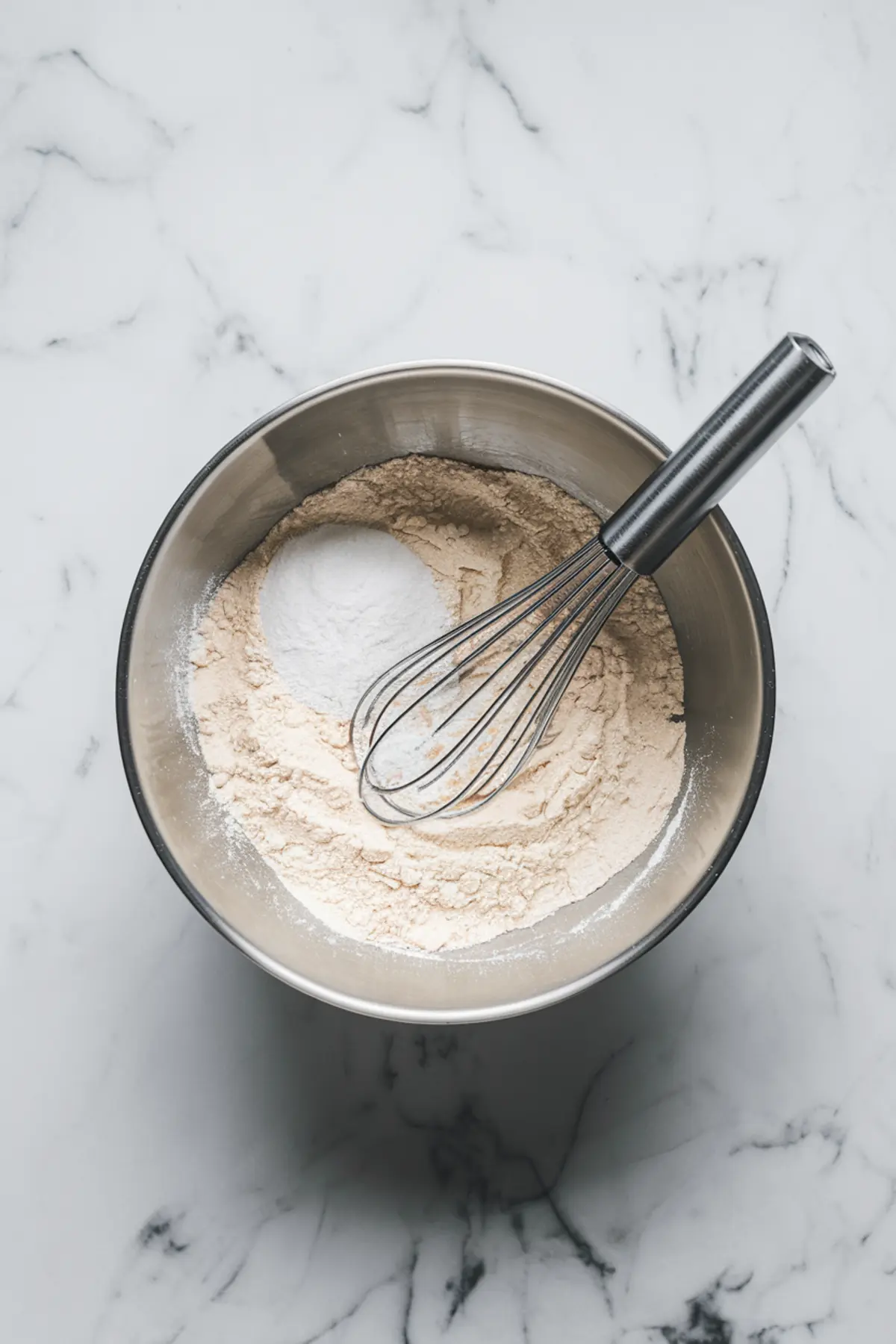 Stainless steel mixing bowl filled with flour and baking soda being whisked with a metal whisk on a marble countertop, capturing the dry ingredient preparation stage for homemade cookies.
