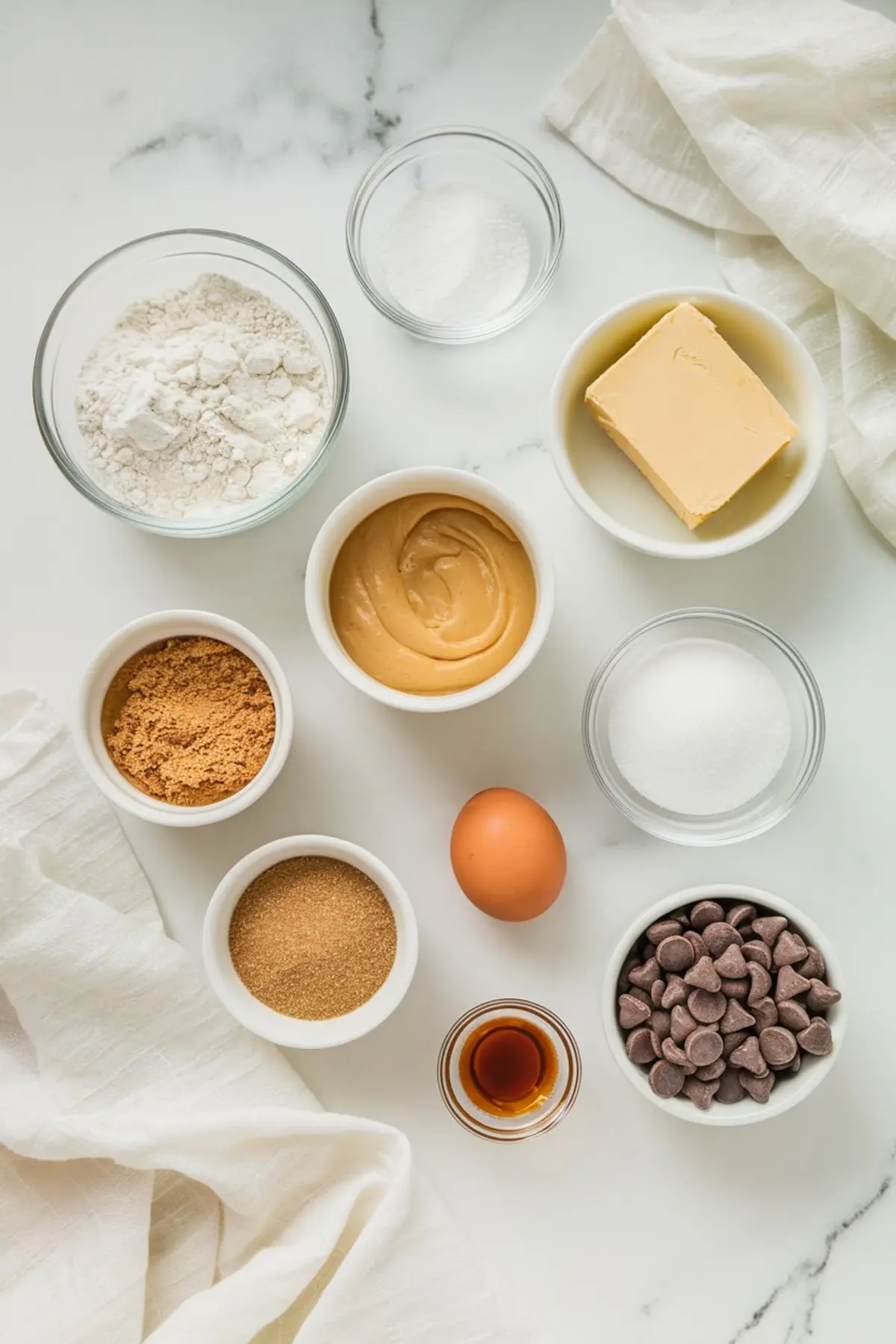 Flat lay of individual cookie ingredients on a white marble background, including flour, butter, peanut butter, chocolate chips, brown sugar, white sugar, an egg, vanilla extract, and baking soda—organized for baking preparation.