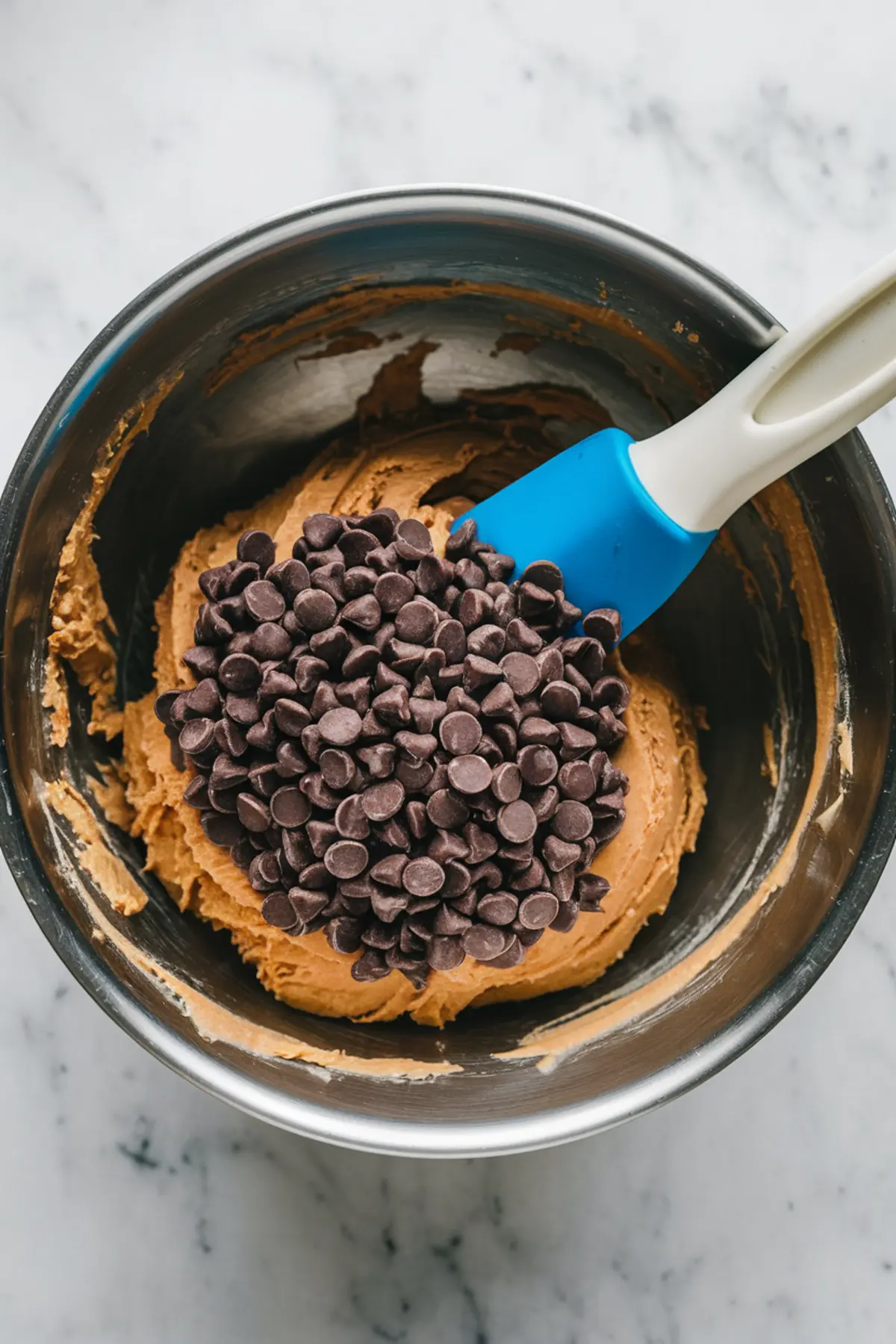 Peanut butter cookie dough in a stainless steel mixing bowl topped with a heap of chocolate chips, with a blue spatula resting on the side, illustrating the mixing step of the cookie recipe process.