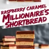 Two-part image of raspberry caramel millionaire’s shortbread; top view of nine glossy chocolate-topped squares on parchment paper, and bottom view of stacked shortbread bars showing crisp base, creamy caramel center, and raspberry chocolate topping.