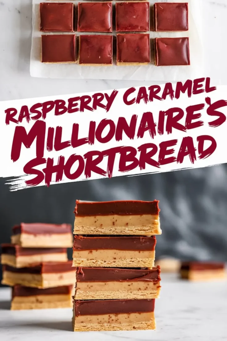 Two-part image of raspberry caramel millionaire’s shortbread; top view of nine glossy chocolate-topped squares on parchment paper, and bottom view of stacked shortbread bars showing crisp base, creamy caramel center, and raspberry chocolate topping.