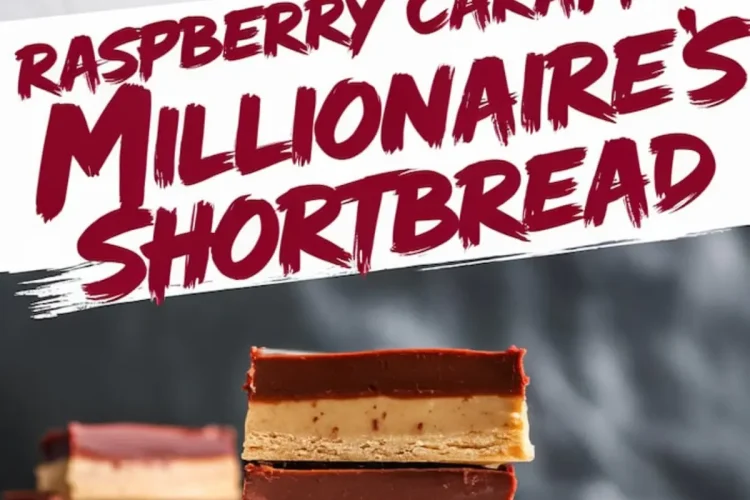 Two-part image of raspberry caramel millionaire’s shortbread; top view of nine glossy chocolate-topped squares on parchment paper, and bottom view of stacked shortbread bars showing crisp base, creamy caramel center, and raspberry chocolate topping.