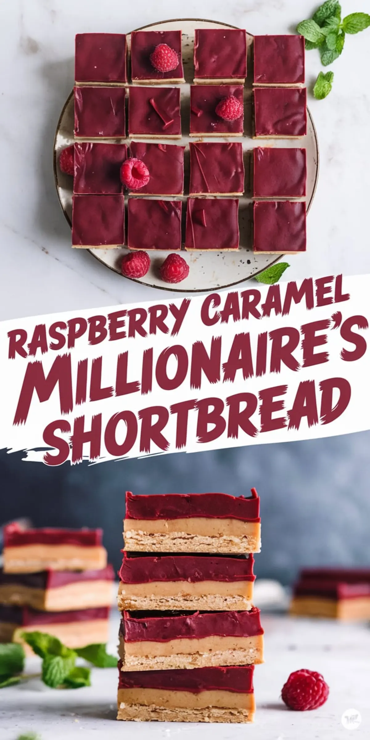 Collage showing raspberry caramel millionaire’s shortbread; top view of neatly cut squares garnished with raspberries and mint leaves on a plate, and bottom view of stacked dessert bars with visible layers of buttery shortbread, golden caramel, and vibrant raspberry chocolate.
