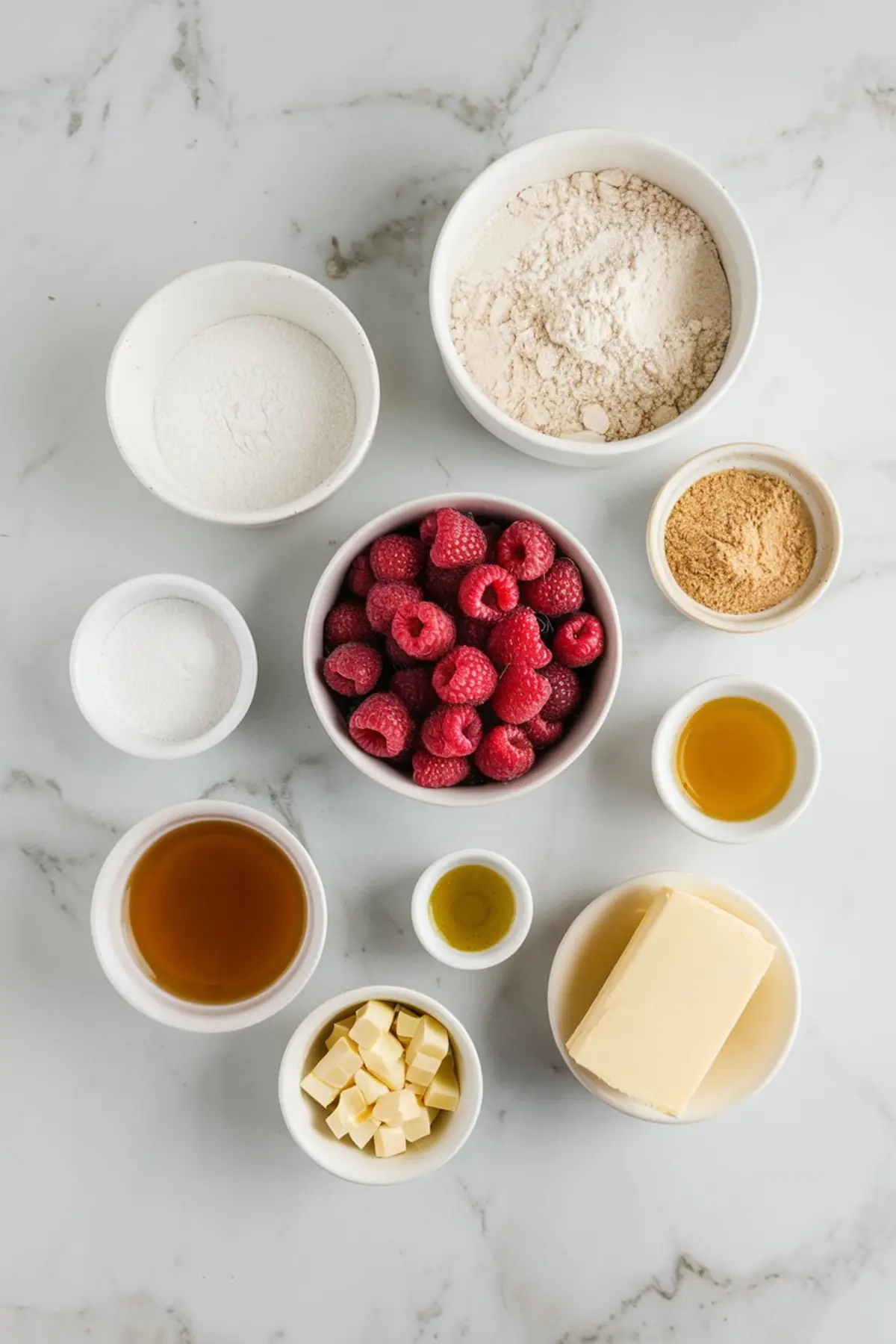 Flat lay of raspberry caramel shortbread ingredients on a white marble surface, including fresh raspberries, butter, brown sugar, white sugar, all-purpose flour, vanilla extract, maple syrup, sweetened condensed milk, and white chocolate chunks.
