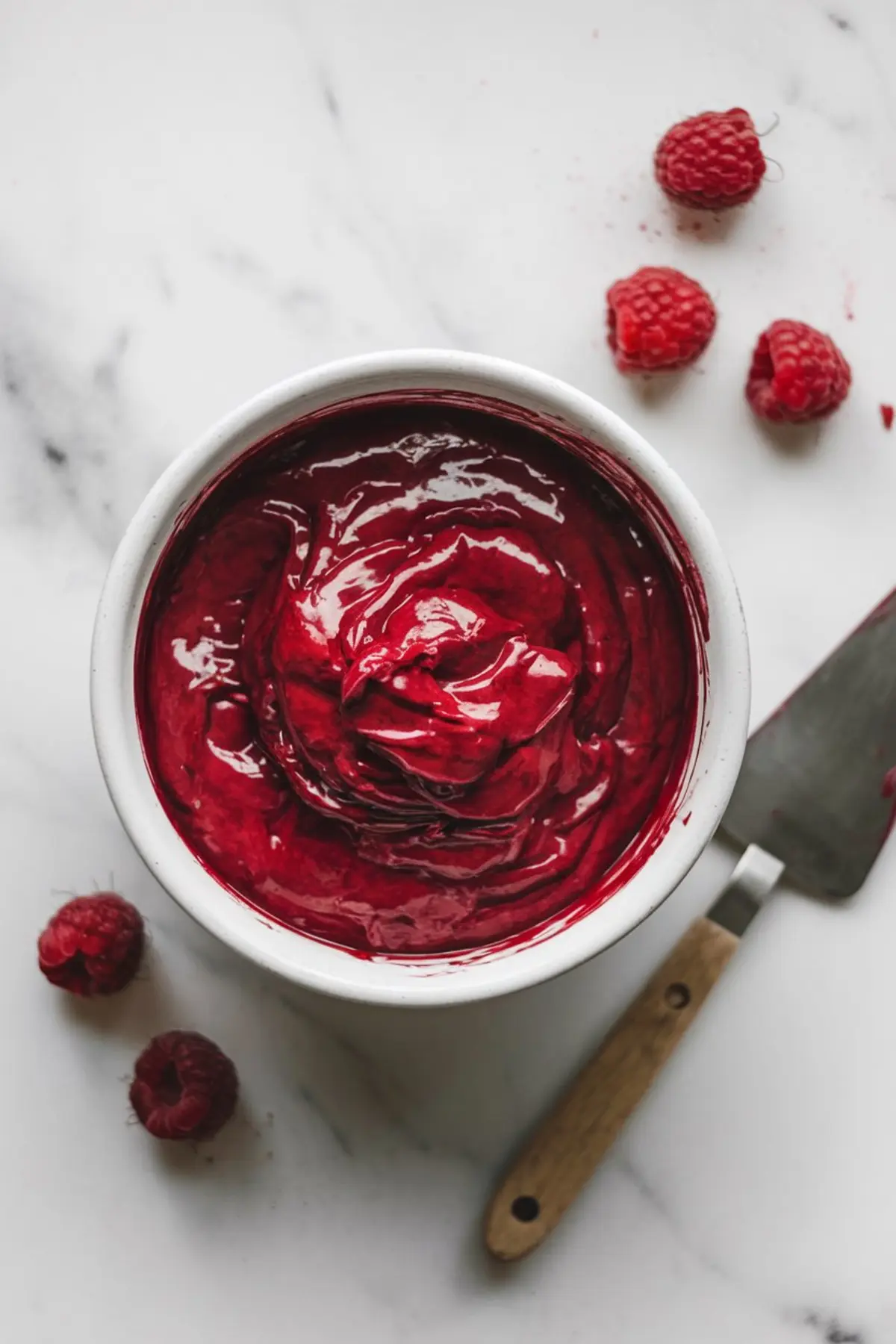 Overhead view of a bowl of thick raspberry purée with a rich red hue, surrounded by fresh raspberries and a metal spatula on a white marble background.
