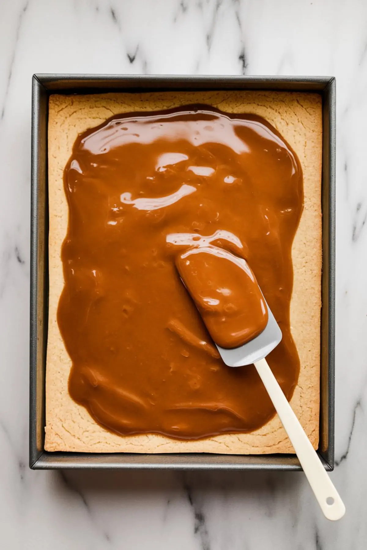 Overhead view of warm caramel being spread over baked shortbread crust in a square baking pan using a silicone spatula, creating the base for layered millionaire’s shortbread.
