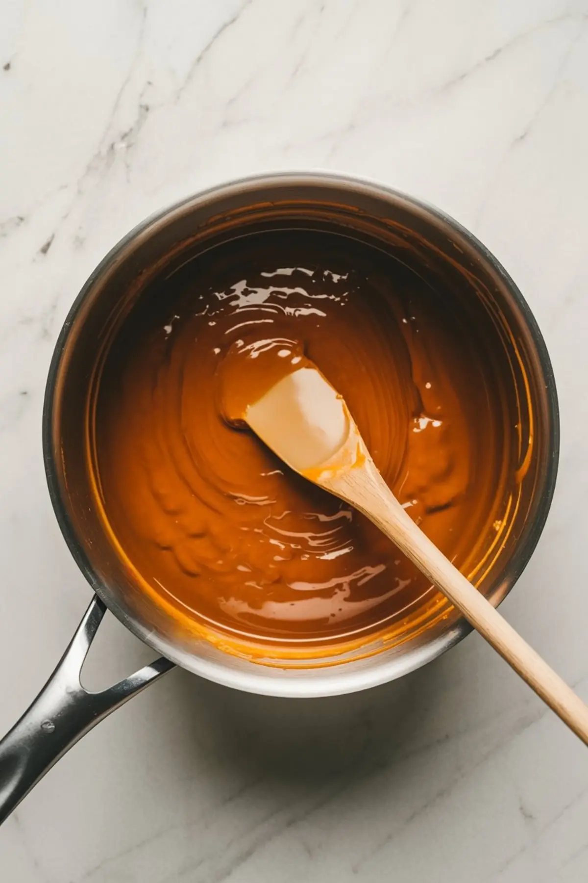 Close-up of a saucepan filled with smooth, golden caramel being stirred with a wooden spatula, set against a marble countertop.
