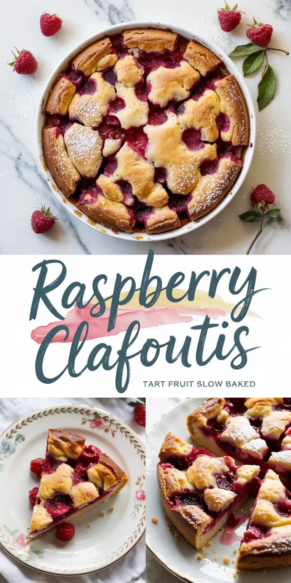Flat lay collage of a freshly baked raspberry clafoutis with golden crust and vibrant baked berries, served with a thick slice on a floral porcelain plate showing creamy filling and juicy raspberries.
