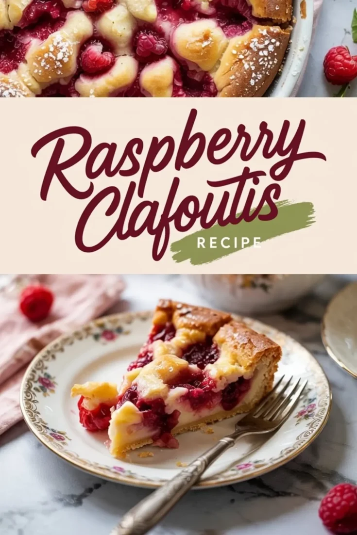 Collage featuring a close-up of a raspberry clafoutis with a golden crust and berry-filled custard, accompanied by a slice on a floral plate with a vintage fork on a marble table.