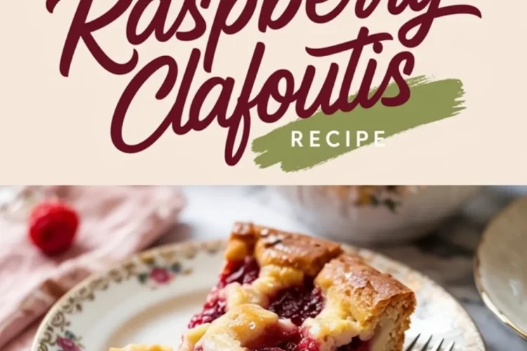 Collage featuring a close-up of a raspberry clafoutis with a golden crust and berry-filled custard, accompanied by a slice on a floral plate with a vintage fork on a marble table.