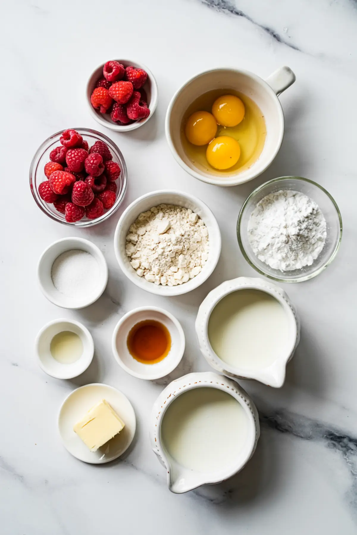 Top view of baking ingredients for raspberry clafoutis arranged on a marble surface, including fresh raspberries, eggs, flour, milk, sugar, vanilla extract, melted butter, and cornstarch in small bowls.