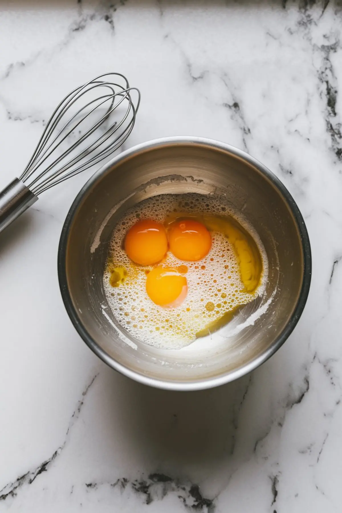 Three egg yolks in a stainless steel mixing bowl with sugar and liquid ingredients partially mixed, set on a marble surface next to a metal whisk.