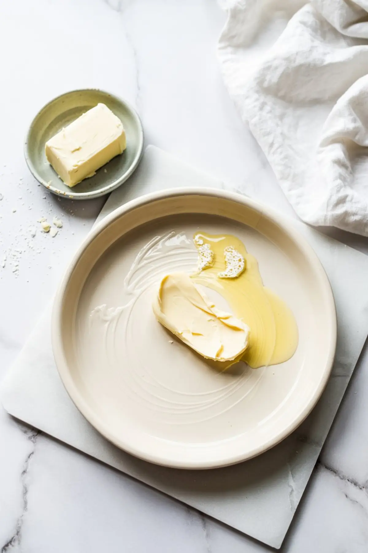 Stick of butter partially melted and spread inside a round ceramic baking dish on a marble board, with an extra butter piece on a green plate nearby.