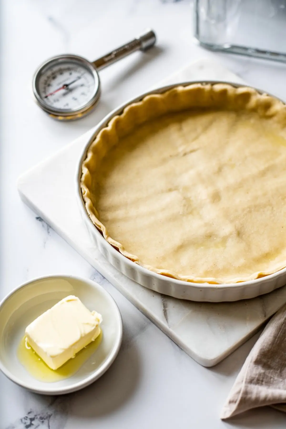 Unbaked tart shell pressed into a white ceramic fluted pie dish, placed on a marble surface with softened butter in a small bowl and a cooking thermometer in the background.