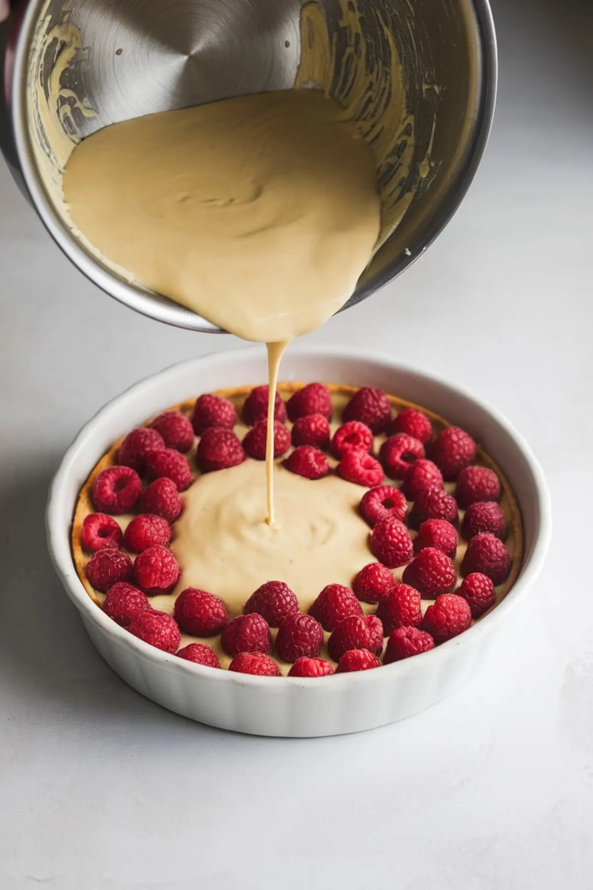 Batter being poured from a mixing bowl into a tart shell lined with fresh raspberries arranged in concentric circles inside a white ceramic dish.