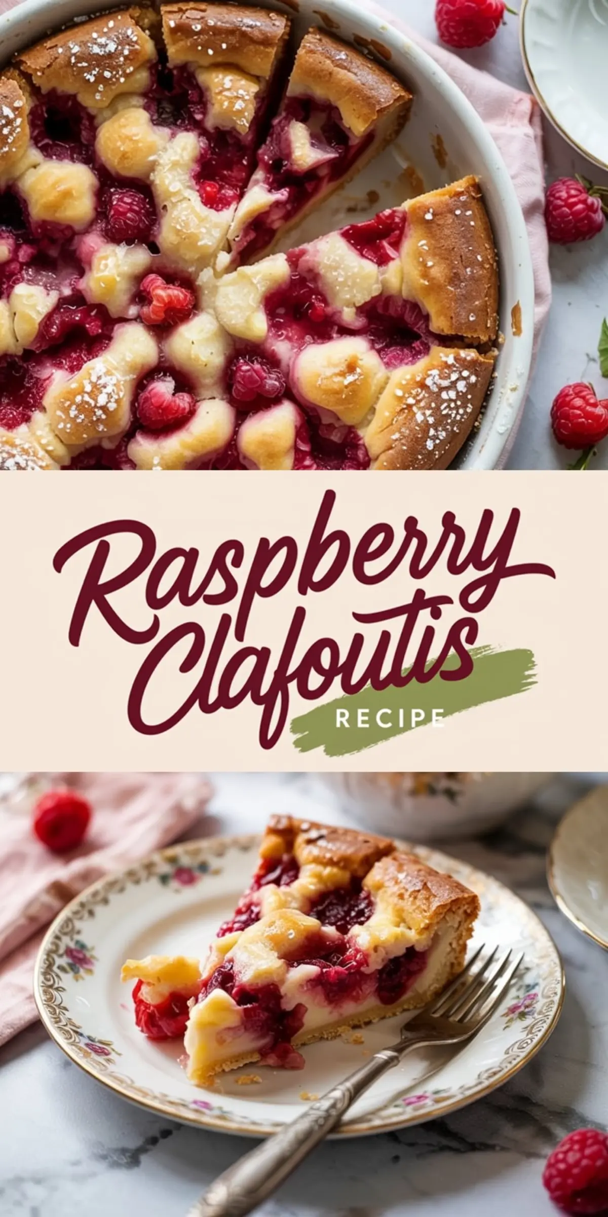 Collage showing a sliced raspberry clafoutis in a baking dish with dusted sugar, paired with a plated serving on vintage china showcasing creamy custard and baked raspberry filling.