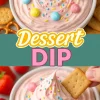 Collage showing a creamy pink dessert dip topped with pastel M&M candies and colorful sprinkles in a white bowl, served with graham crackers and strawberries. Bottom view features a cracker being dipped into the fluffy mixture, emphasizing the soft texture and party-ready presentation.