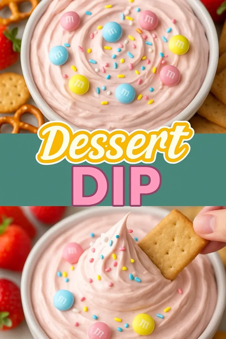 Collage showing a creamy pink dessert dip topped with pastel M&M candies and colorful sprinkles in a white bowl, served with graham crackers and strawberries. Bottom view features a cracker being dipped into the fluffy mixture, emphasizing the soft texture and party-ready presentation.