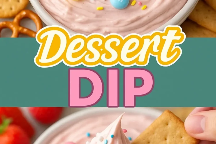 Collage showing a creamy pink dessert dip topped with pastel M&M candies and colorful sprinkles in a white bowl, served with graham crackers and strawberries. Bottom view features a cracker being dipped into the fluffy mixture, emphasizing the soft texture and party-ready presentation.