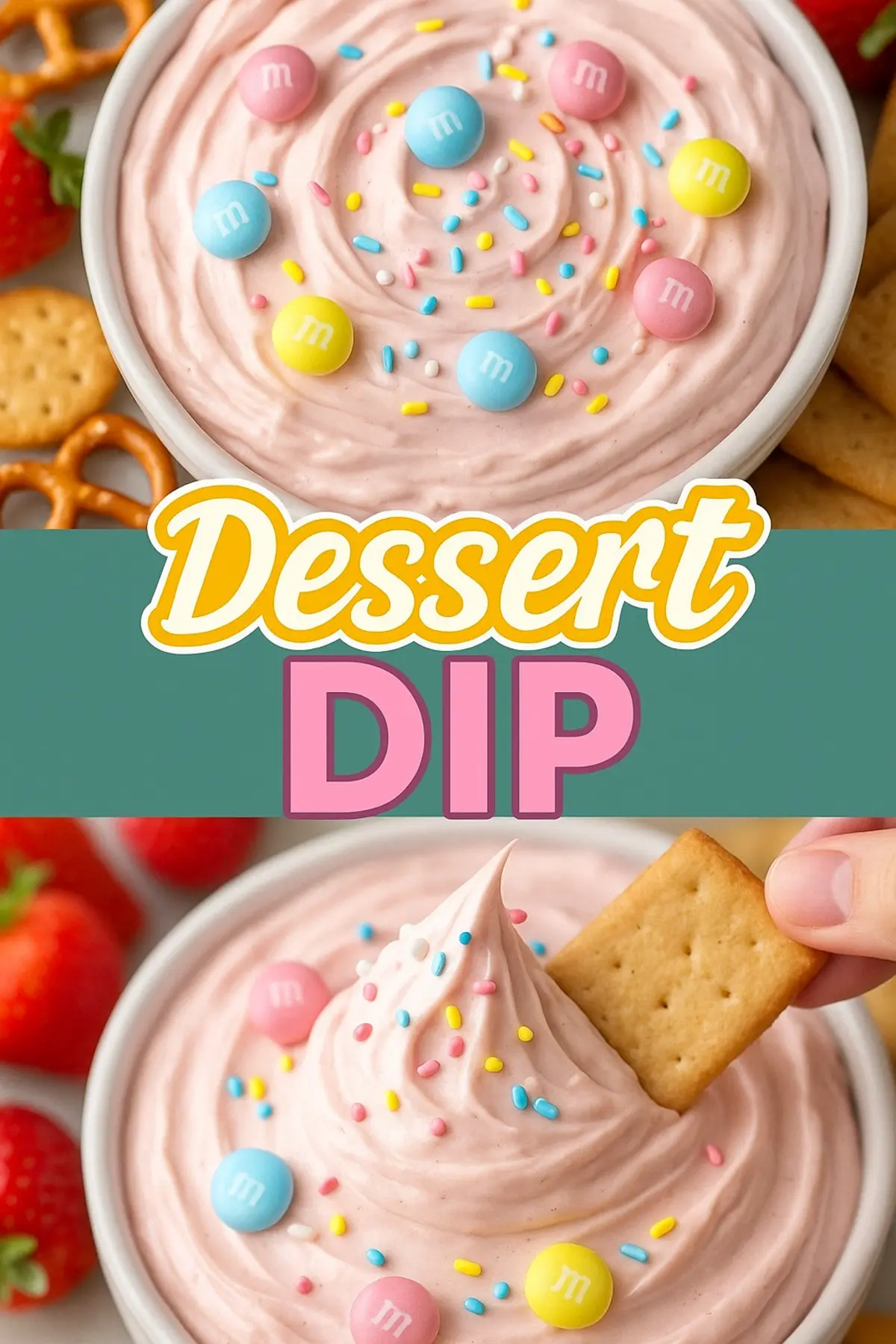 Collage showing a creamy pink dessert dip topped with pastel M&M candies and colorful sprinkles in a white bowl, served with graham crackers and strawberries. Bottom view features a cracker being dipped into the fluffy mixture, emphasizing the soft texture and party-ready presentation.