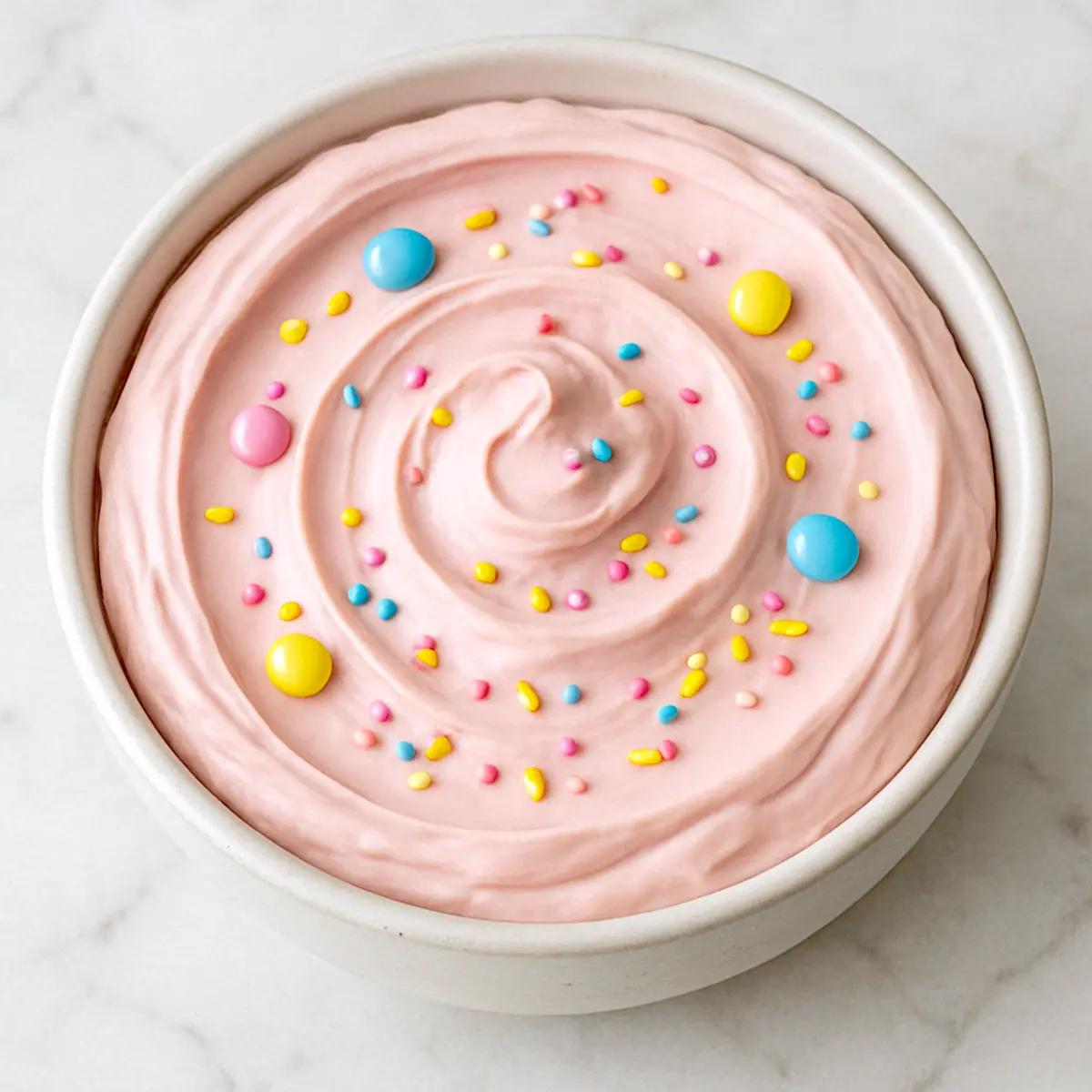 Bowl of pink dessert dip with a smooth, swirled texture, topped with colorful sprinkles and pastel blue, pink, and yellow candy-coated chocolates, perfect for snacking or party spreads.
